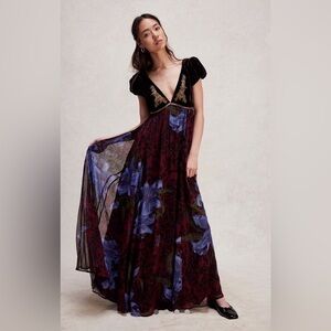 Free People Colette Maxi Dress Sequin Velvet Top Pleating Wine Olive Combo